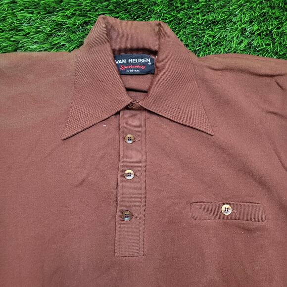 Vintage 70s Van Heusen Dagger Collar Knit Polo Shirt Mens Small Disco - Picture 2 of 12